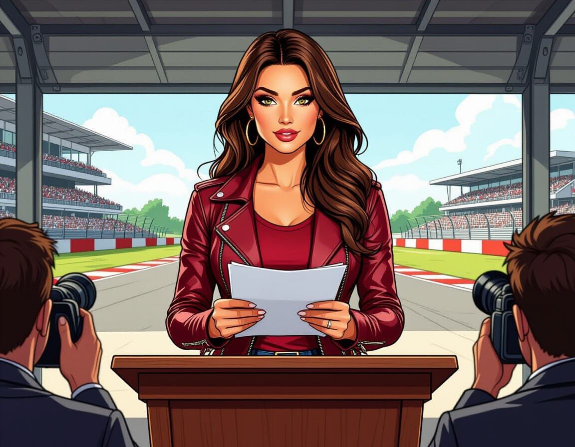 Comic Book Style Woman Announcing News at Race Circuit