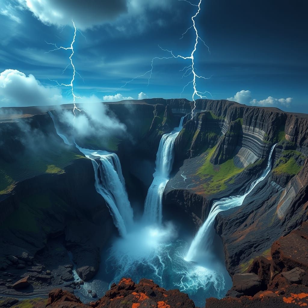 Majestic Volcano Crater with Waterfalls in HDR