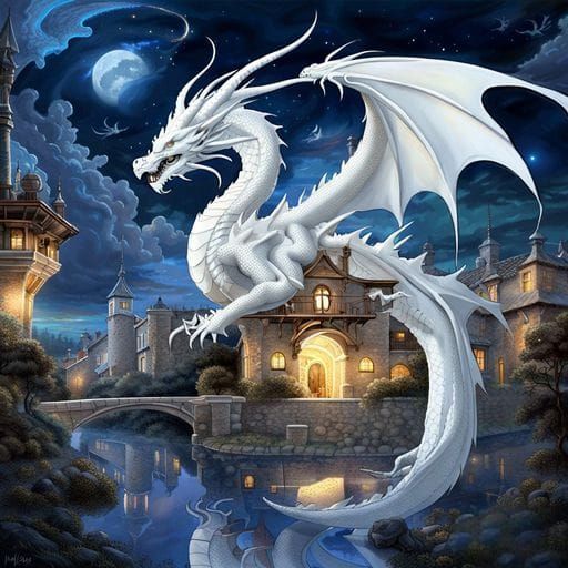 Dragon Captures Moon in Clock Town, Fantasy Art