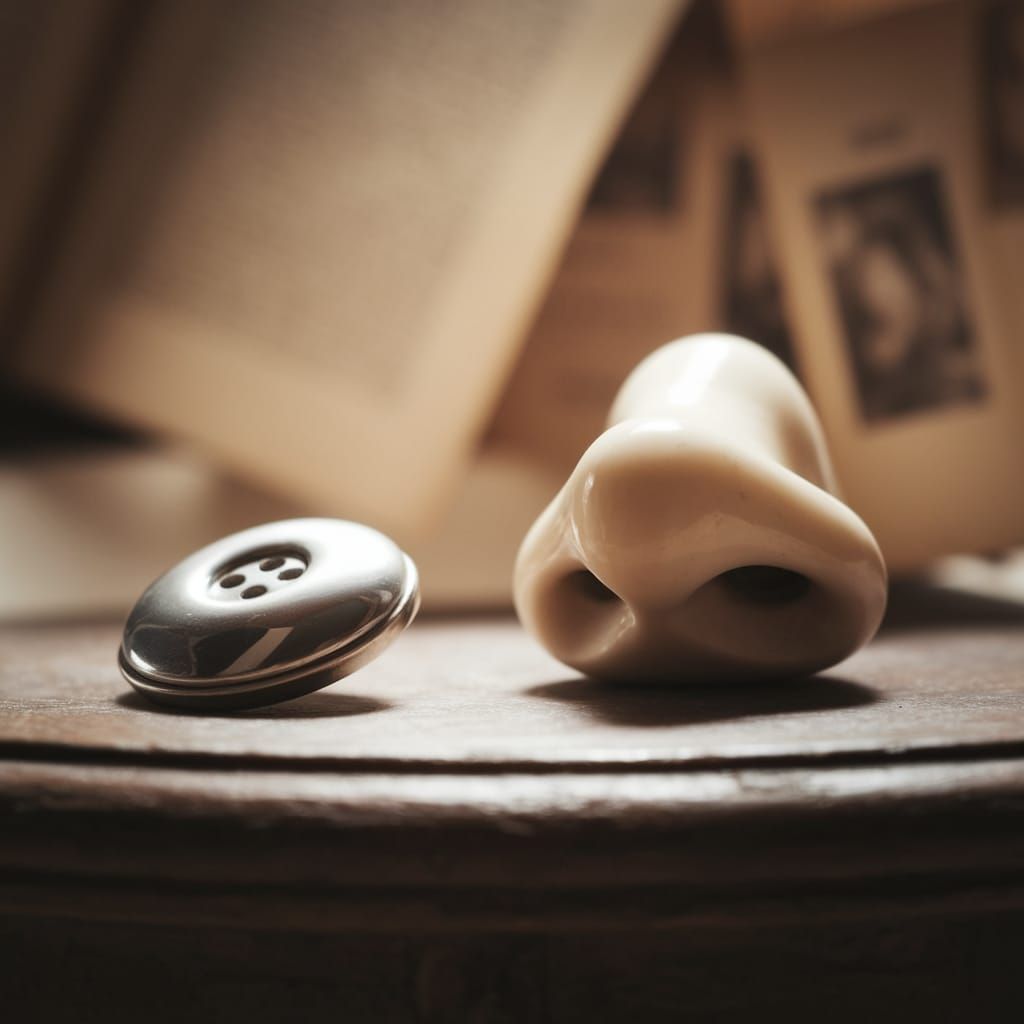 Whimsical Button and Porcelain Nose on Vintage Wooden Table