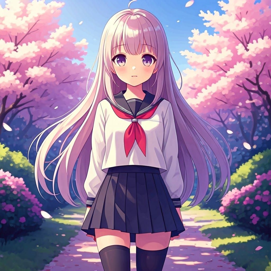 Ethereal Schoolgirl Surrounded by Cherry Blossoms in Vibrant...