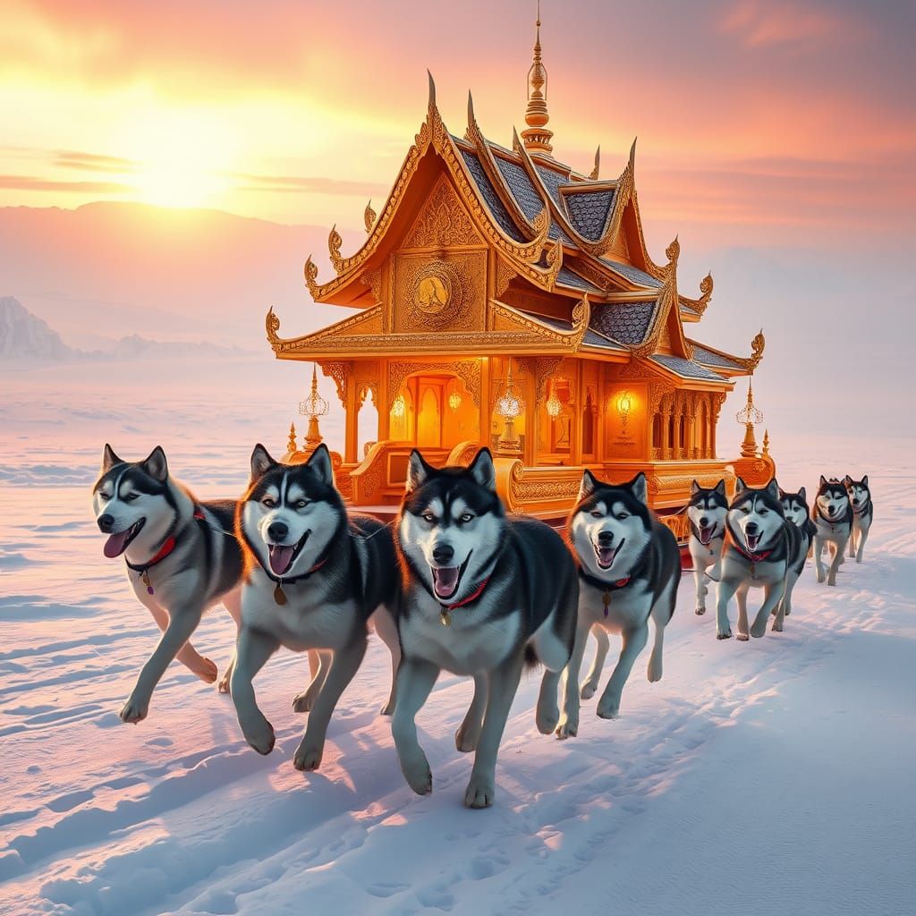 Majestic Dogs Pull Thai-Inspired Sled Palace Across Winter W...