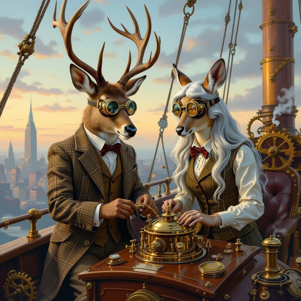 Steampunk Stag and Doe Tinkering on Sky-Barge