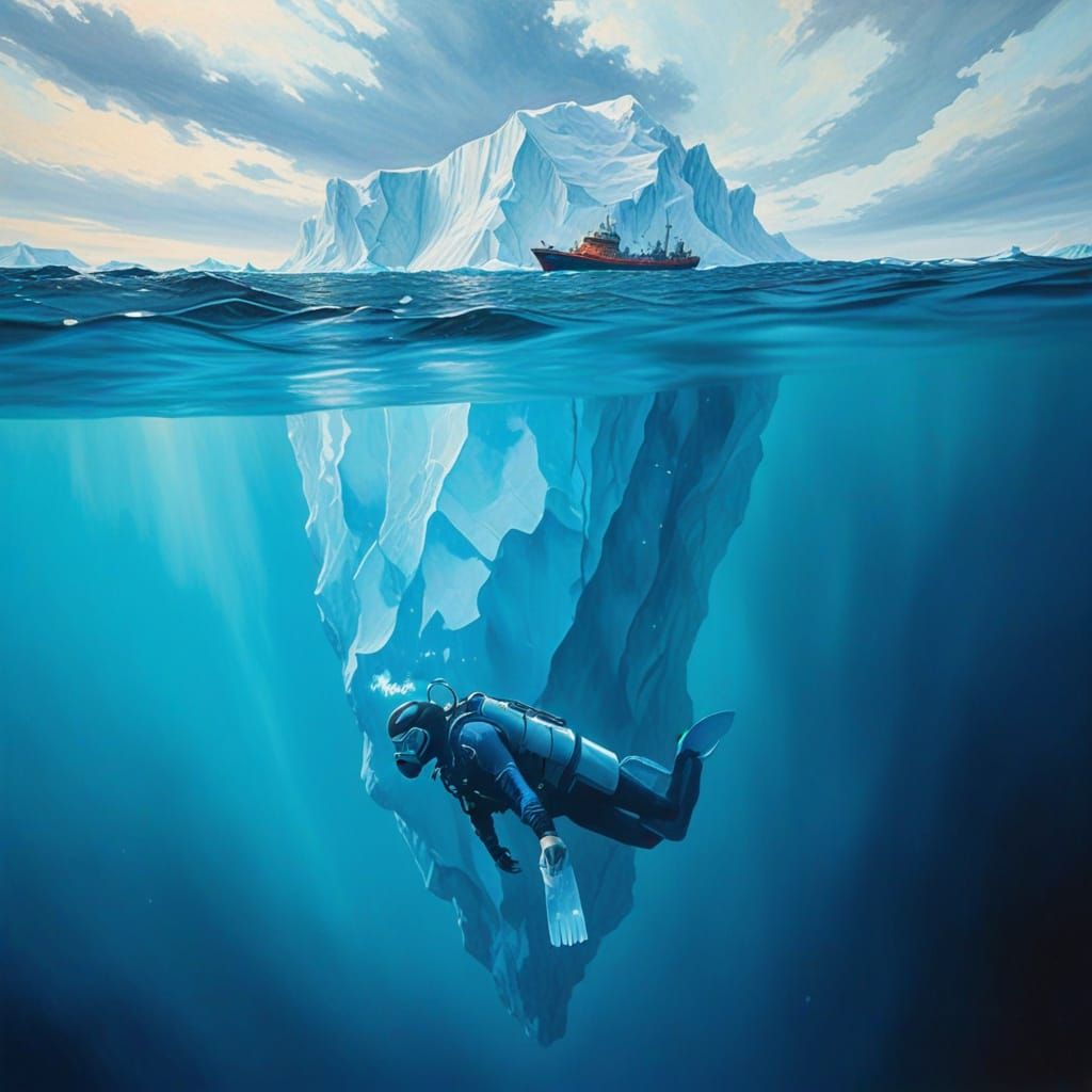 Surreal Diver Beneath Iceberg in Oil Painting