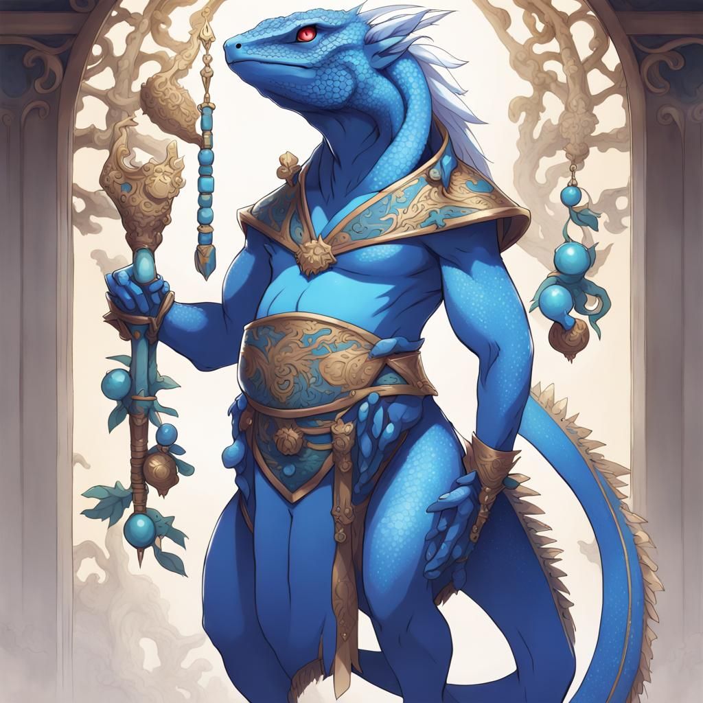 Anthropomorphic Blue Lizard in Anime Style