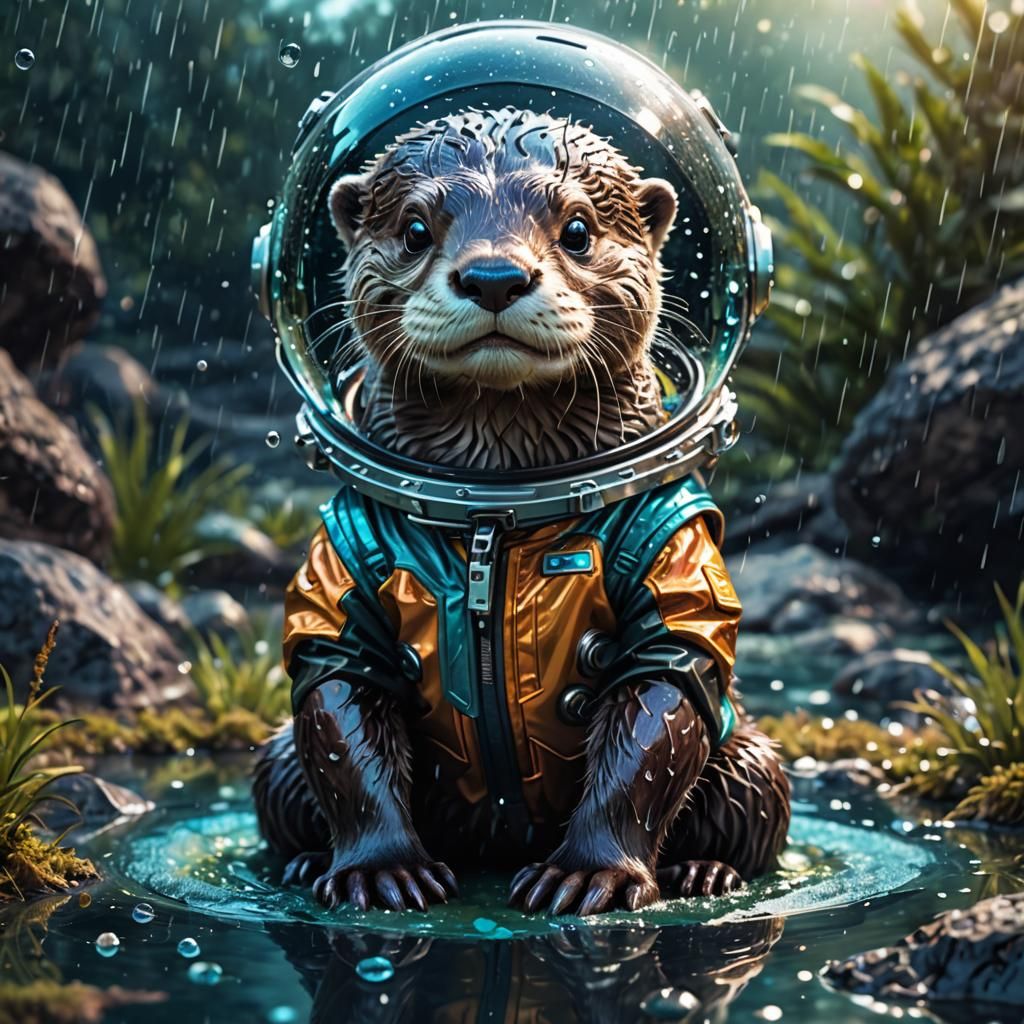 Cute adorable Otter, in a space suite, a alien lake