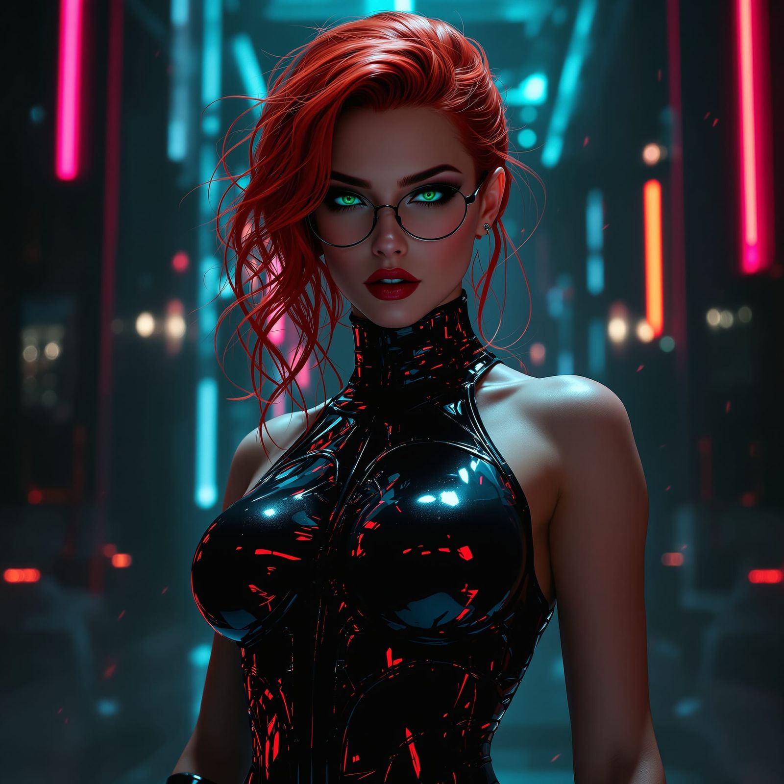 Dark Fantasy Art: Muscular Redhead in Latex Bodysuit