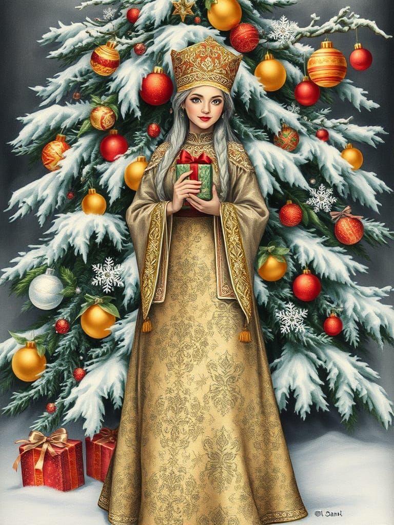 Slavic Snow Maiden Portrait in USSR Postcard Style