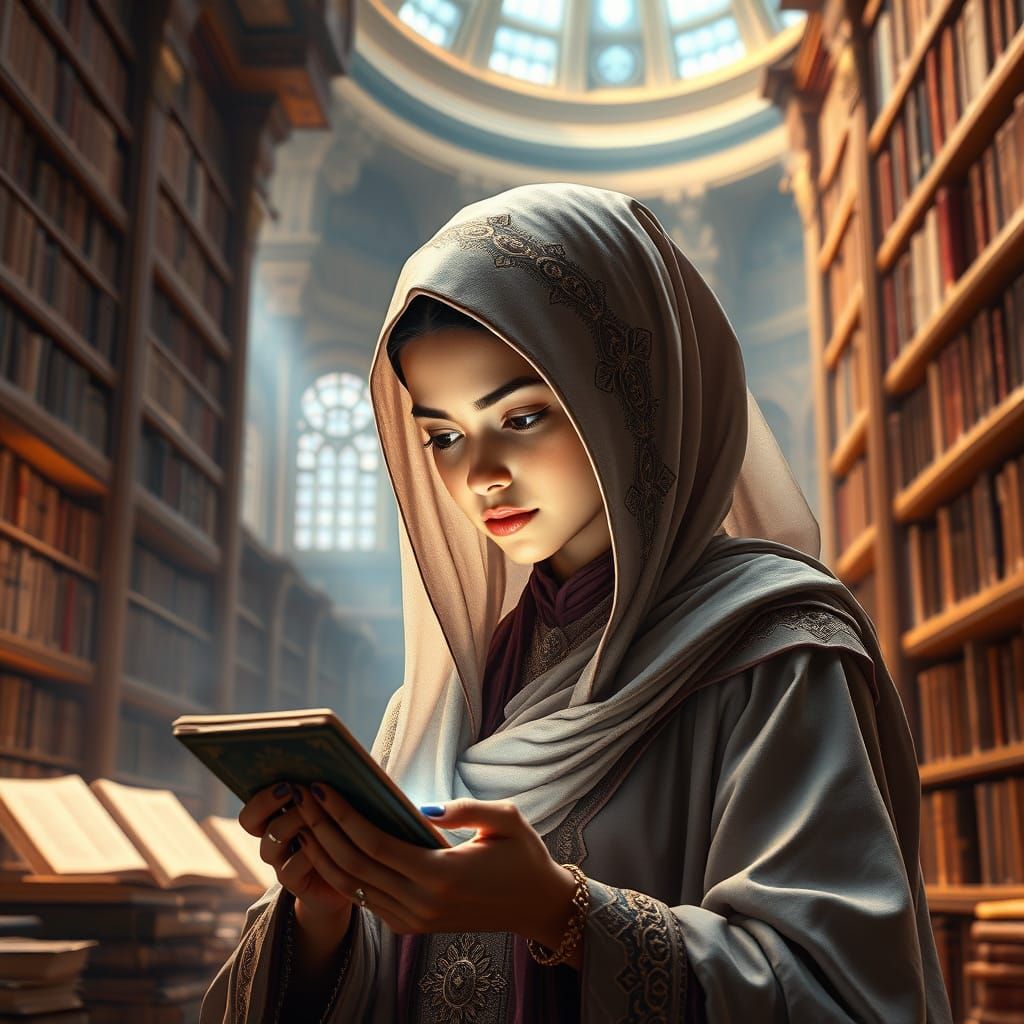 Futuristic Baghdad Library: Renaissance-Style Digital Art