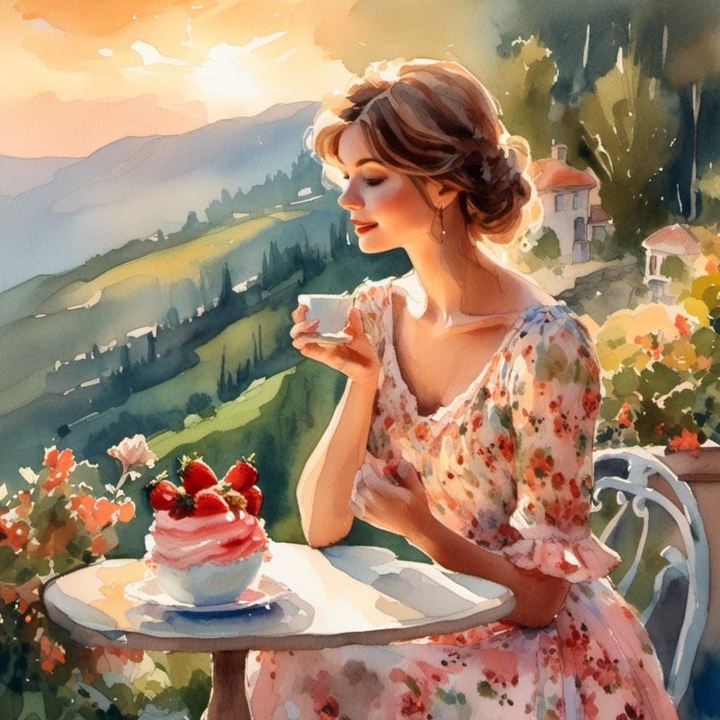 Woman at Cafe with Valley View, Watercolor Art
