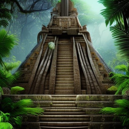 Hidden Mayan Temple in Jungle, Detailed Digital Illustration