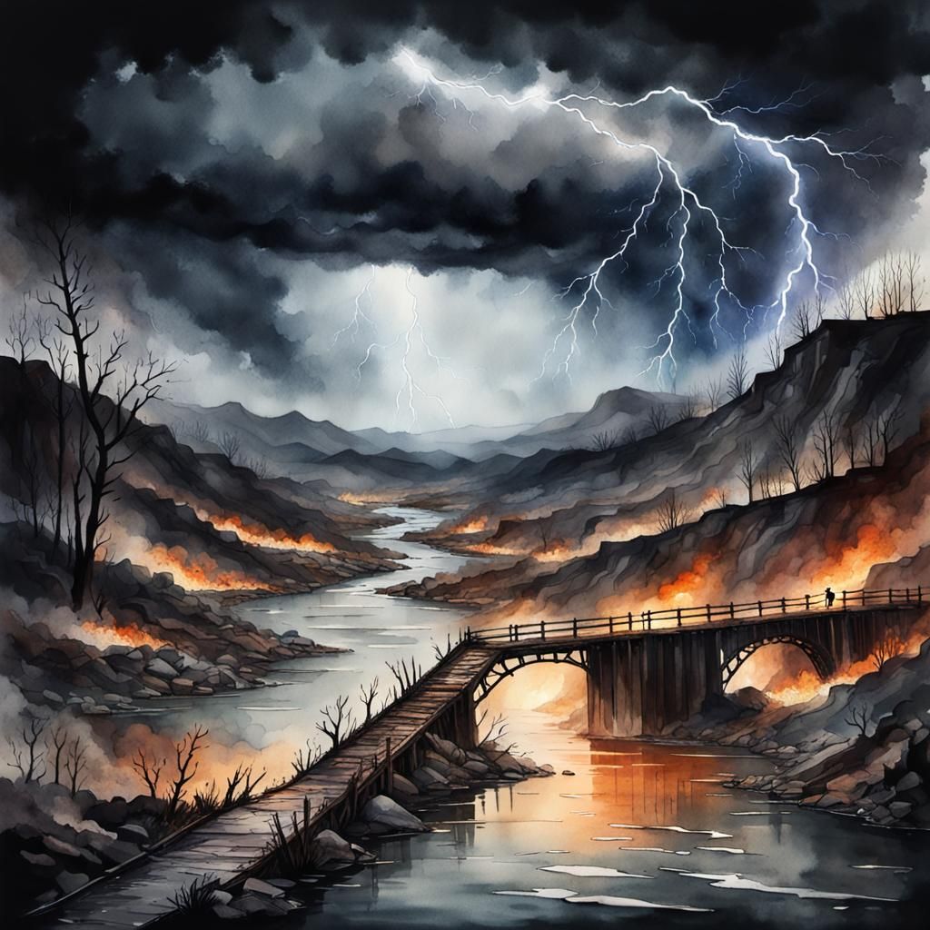 Post-Apocalyptic Flooded Valley in Watercolor Art