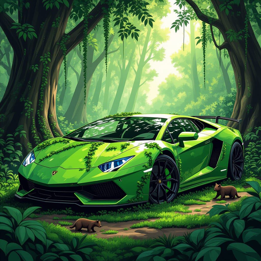 Lamborghini Submerged in Forest, Comic Book Art