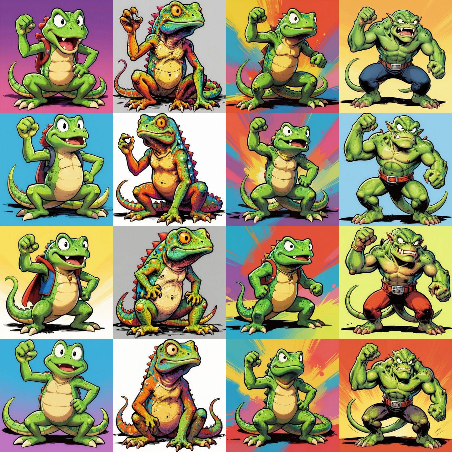 Cartoon Lizard in Superhero Pose with Exaggerated Features