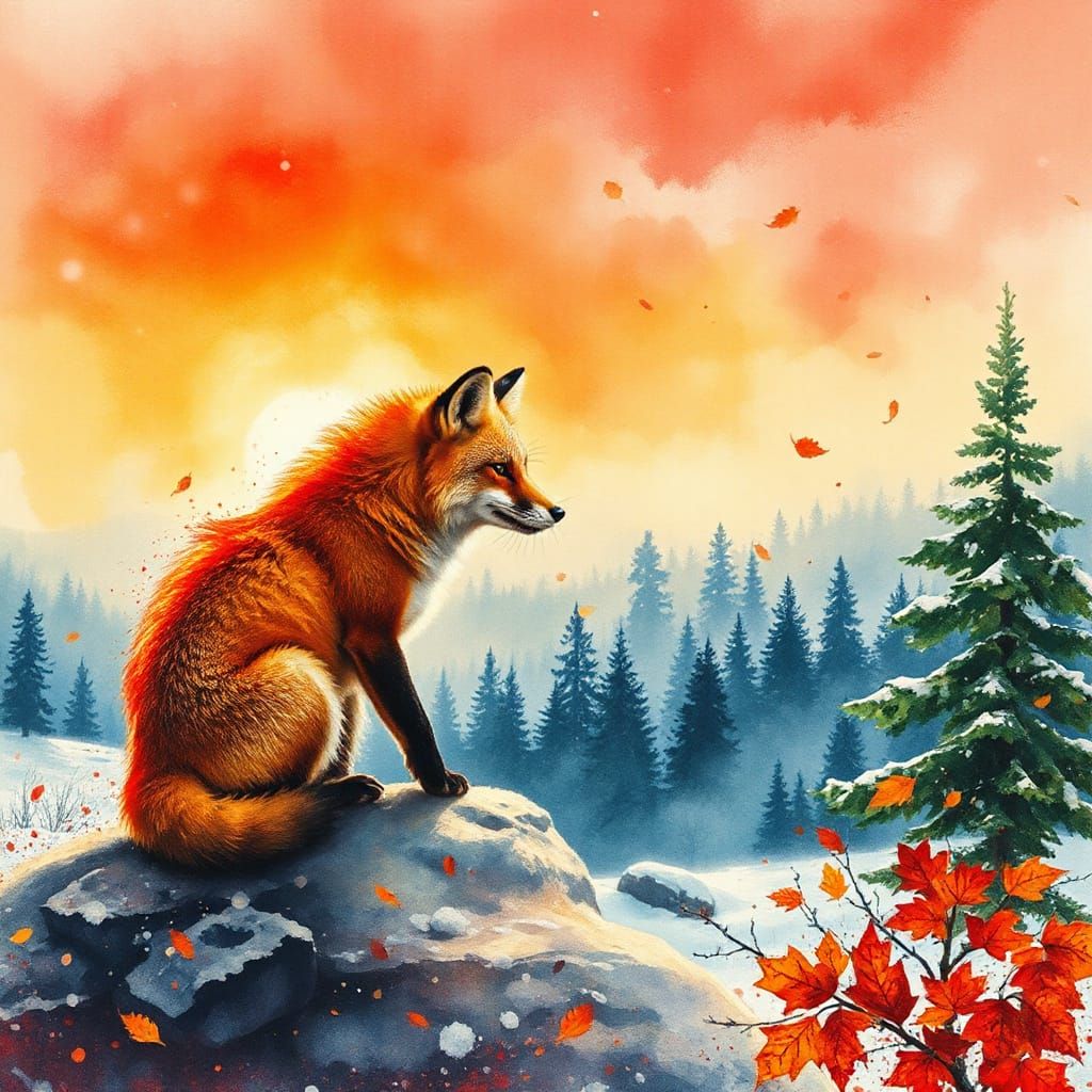 Vibrant Autumn Sunset Fox in Whimsical Watercolor