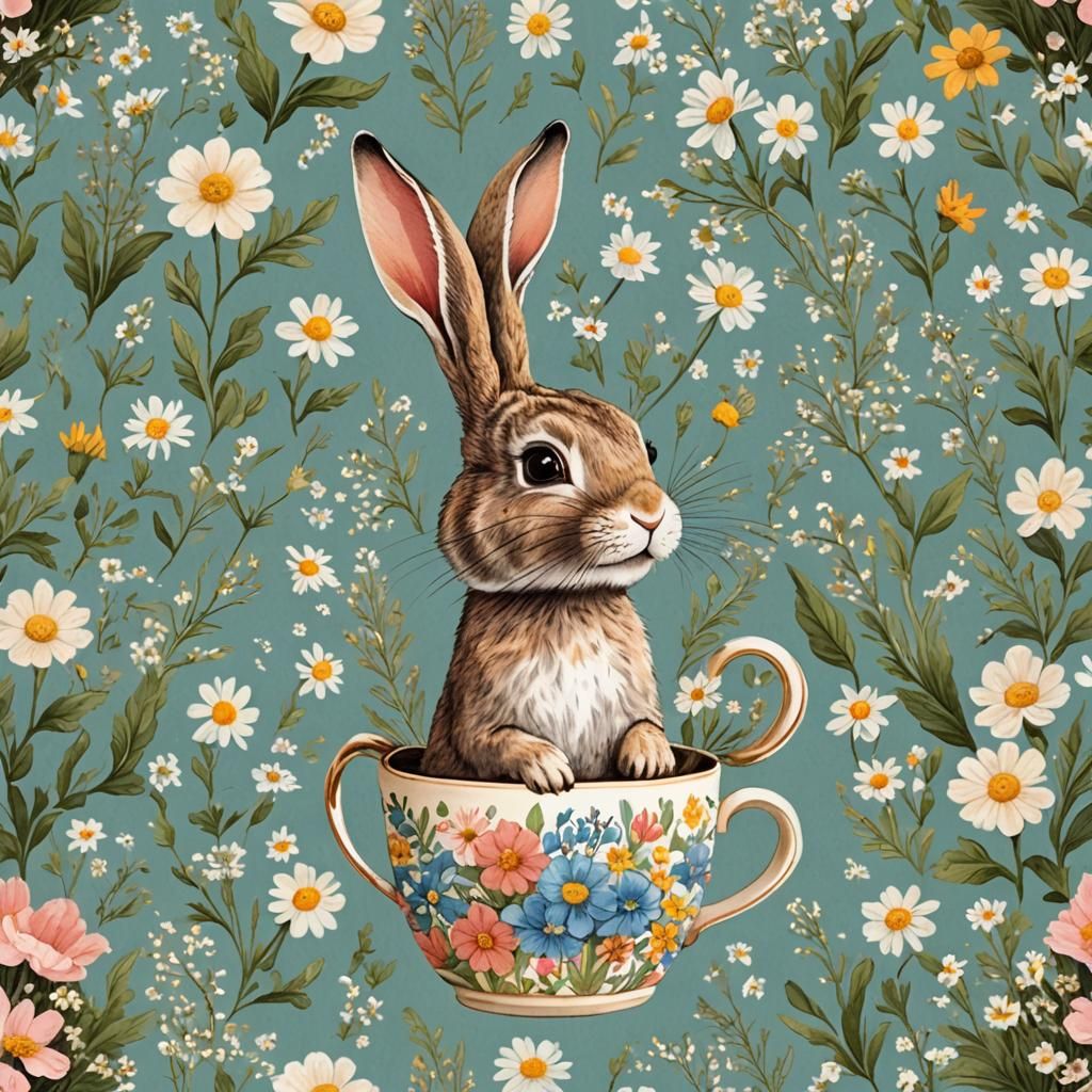 Bunny in a Cup of Flowers