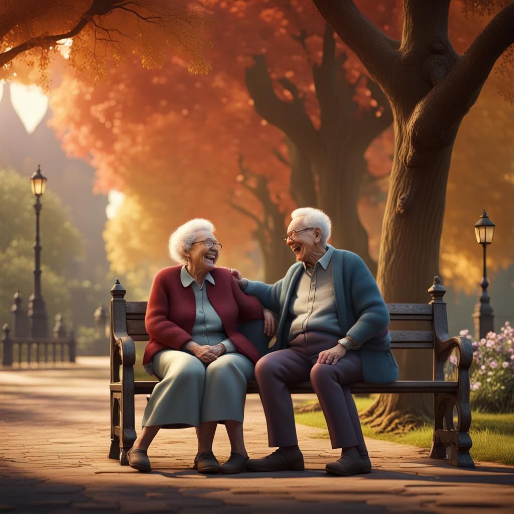 Laughing Elderly Couple in Park: Fantasy Concept Art