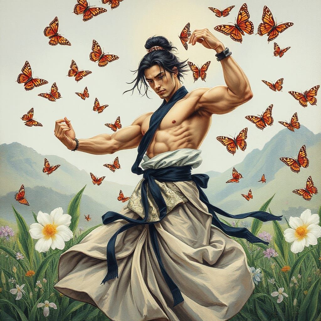 Japanese Man Dancing with Butterflies in Ukiyo-e Style