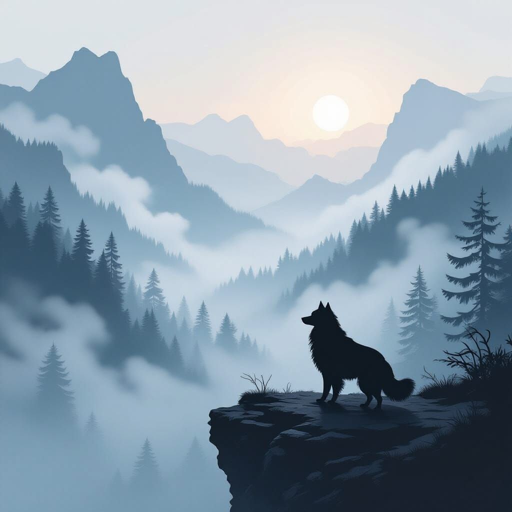 Majestic Dog Silhouette Overlooking Misty Forest Landscape