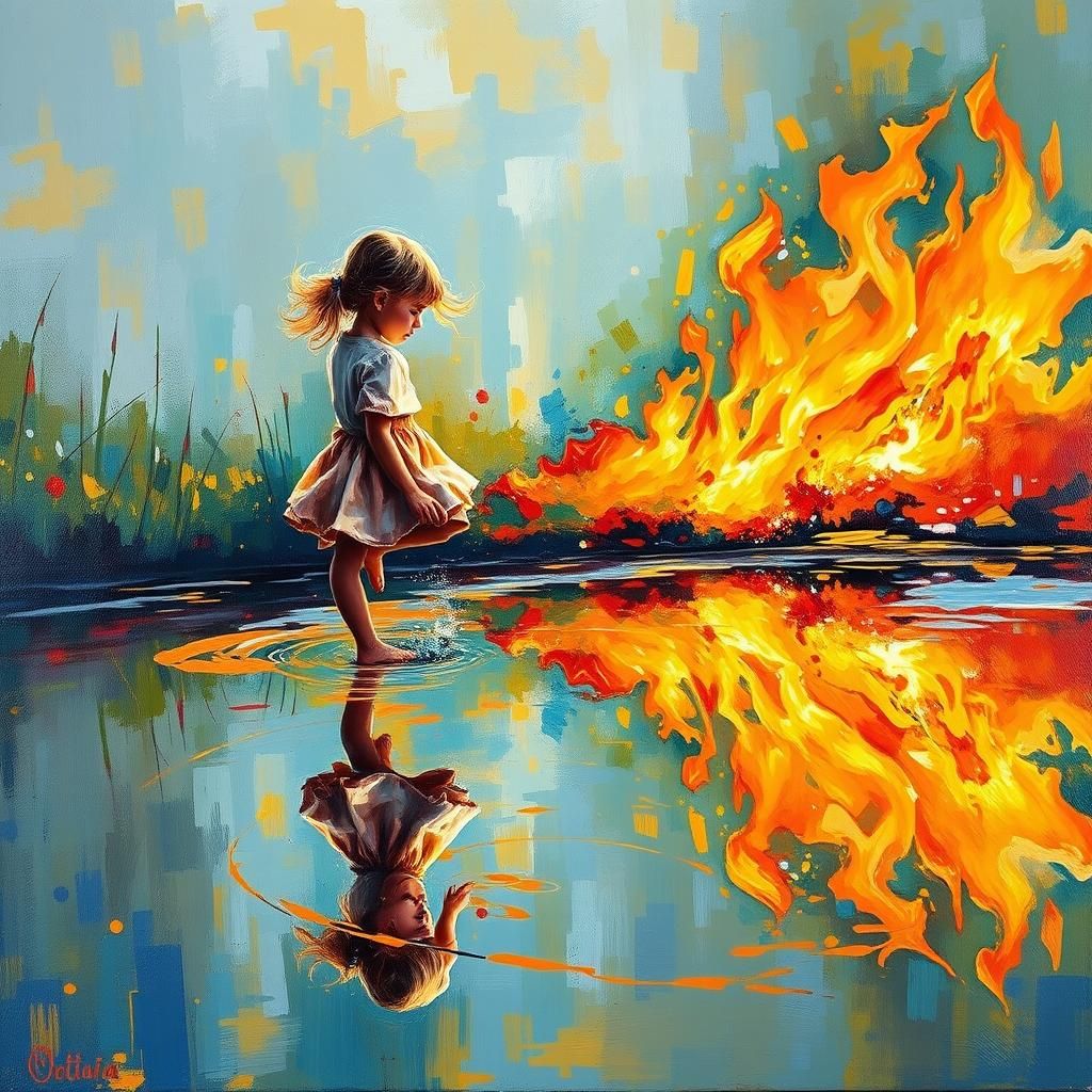 Girl Splashes in Puddle: Expressionist Impasto Oil Painting