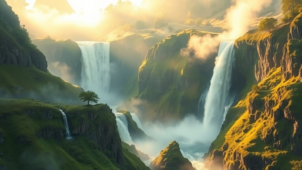 Majestic Waterfalls in Emerald Valley: Fantasy Landscape