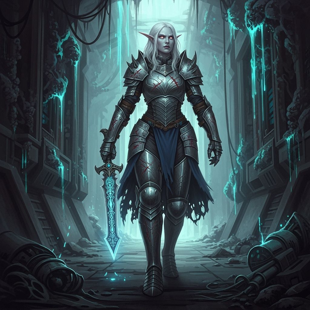 Imposing Elf Searches Lost Corridor in Dark Fantasy Style