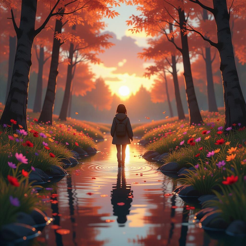 Sunset Forest Pond in Anime Style