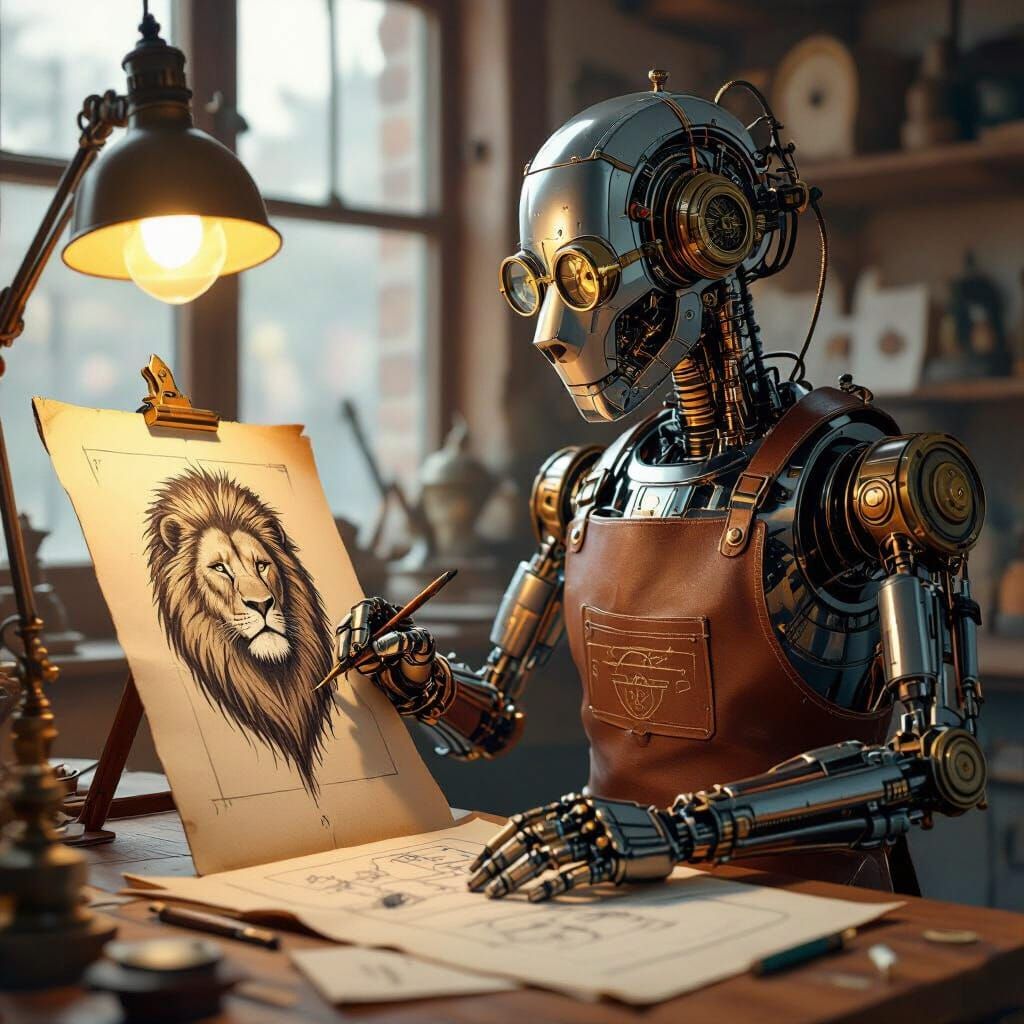 Steampunk Automaton Sketches a Lion Portrait