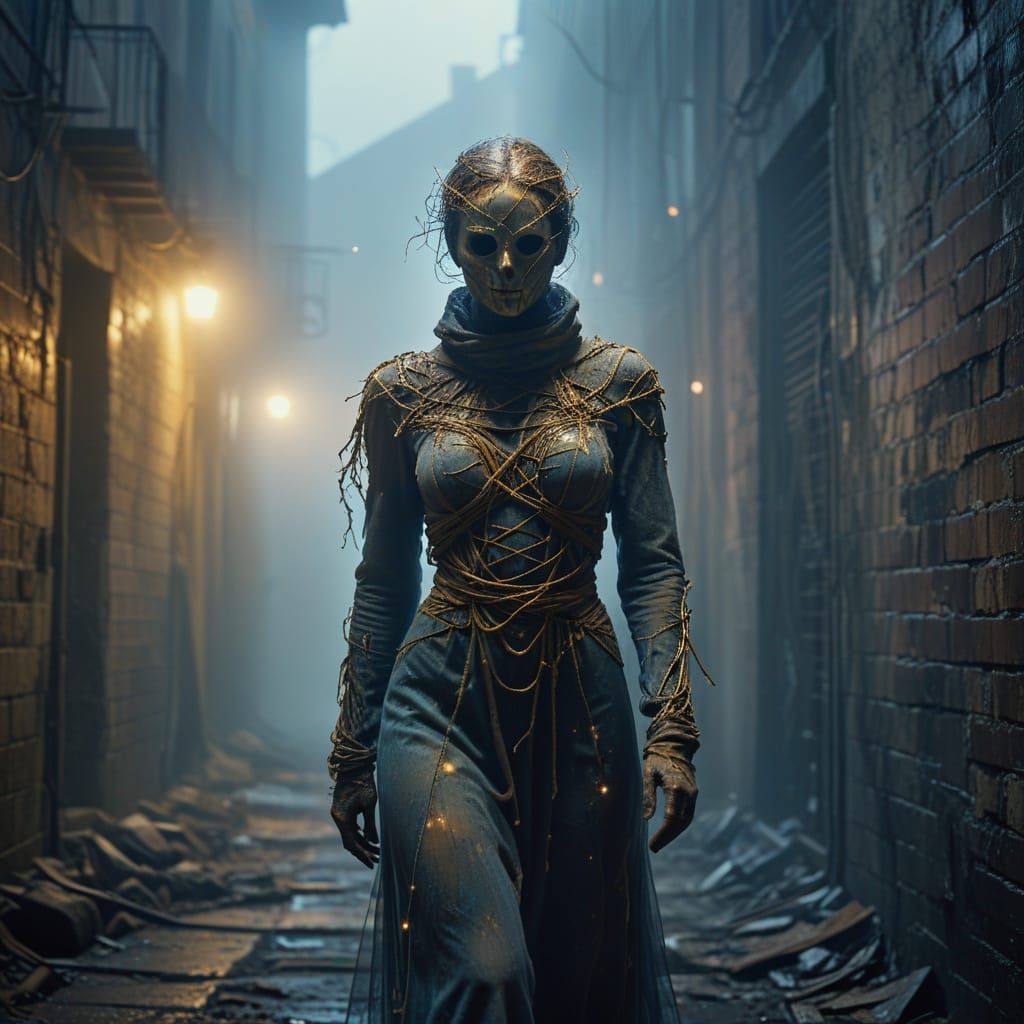 Ethereal Figure in Foggy Alleyway