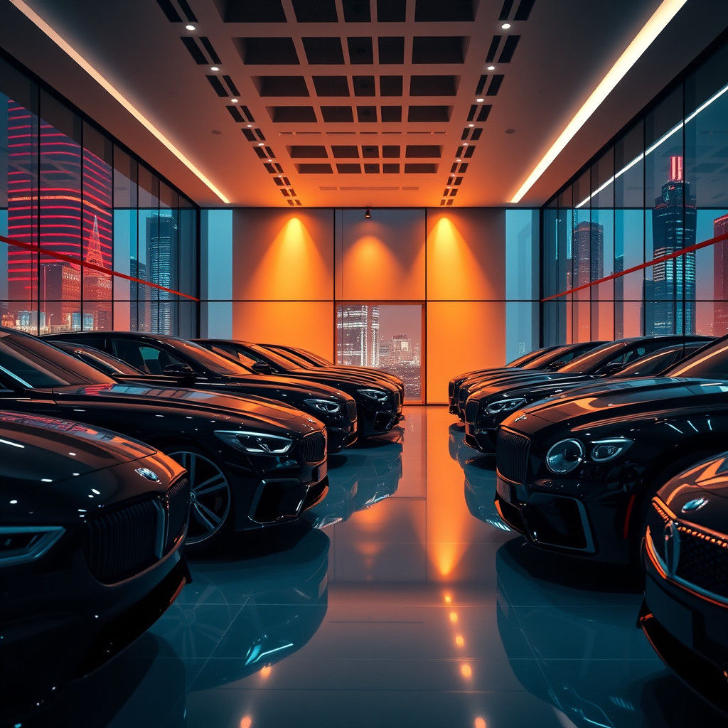 Luxury Car Showroom at Dusk in Hyper-Realistic Detail