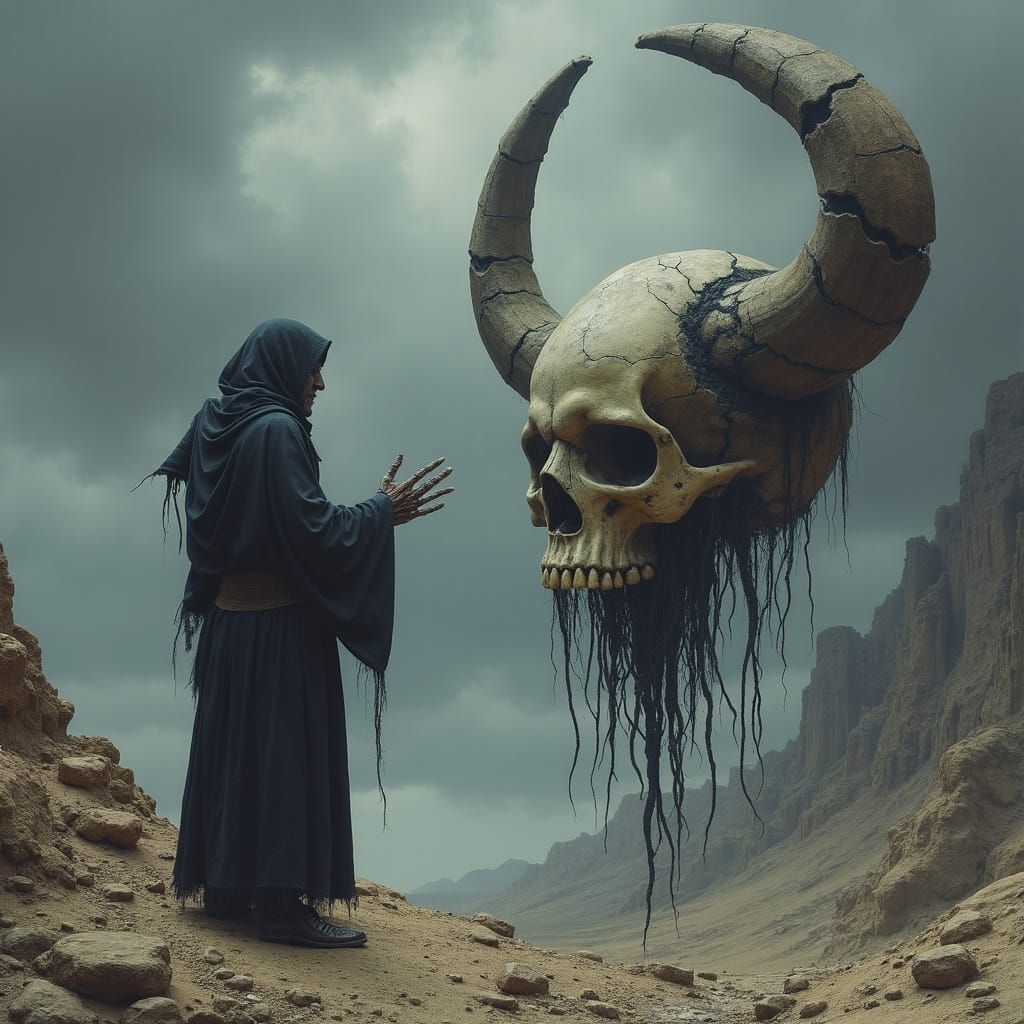 Surreal Skeletal Figure Reaches for Moon Skull