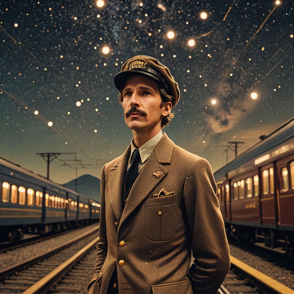 Nostalgic Train Conductor Under Starry Sky