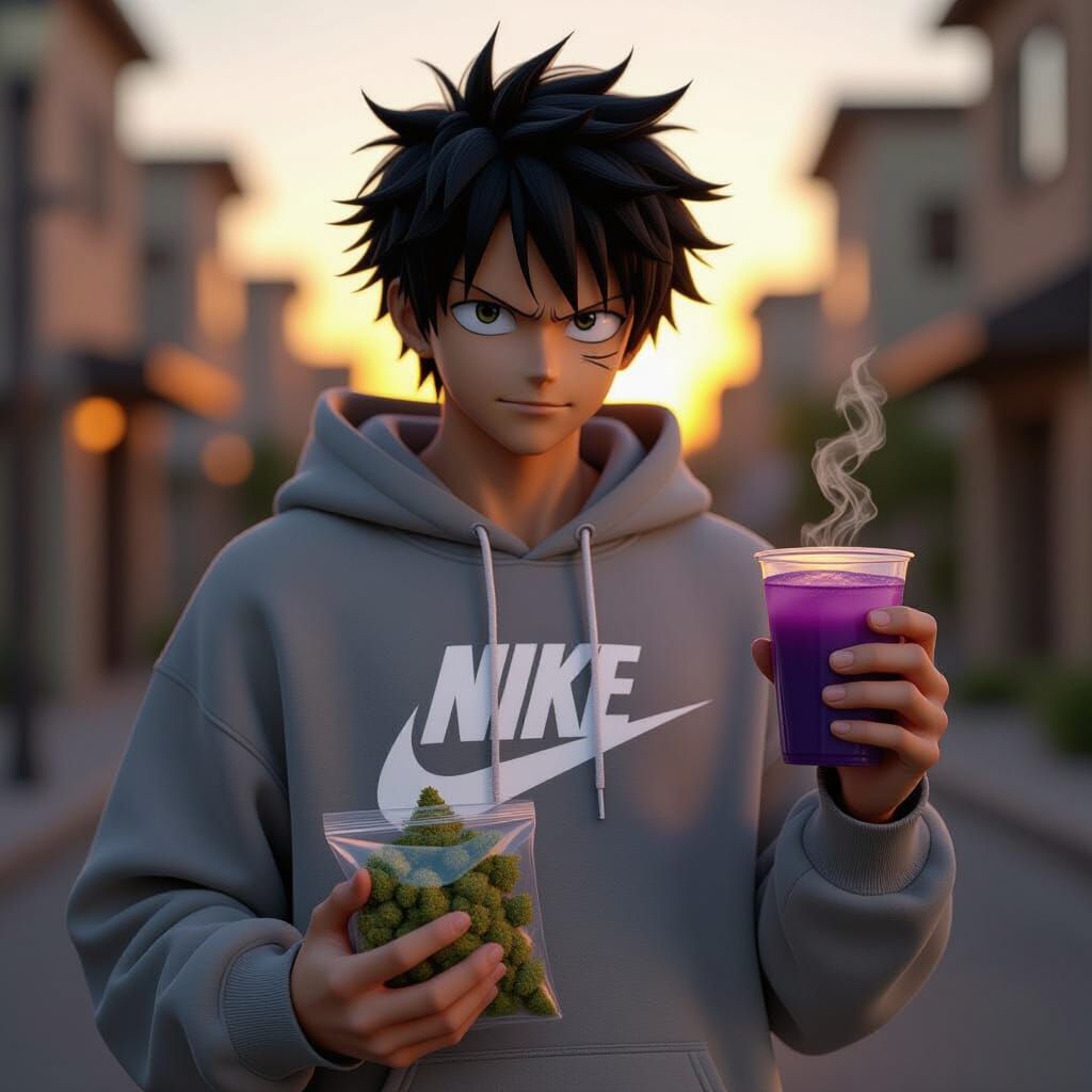 Luffy in Nike Hoodie With Weed and Purple Drink