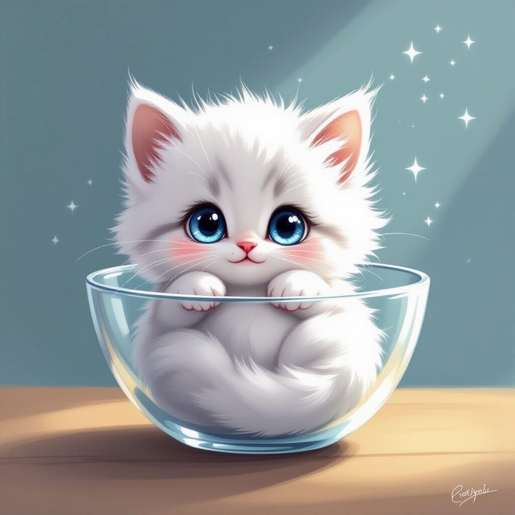 Adorable Fluffy Kitten Curled in Glass Bowl