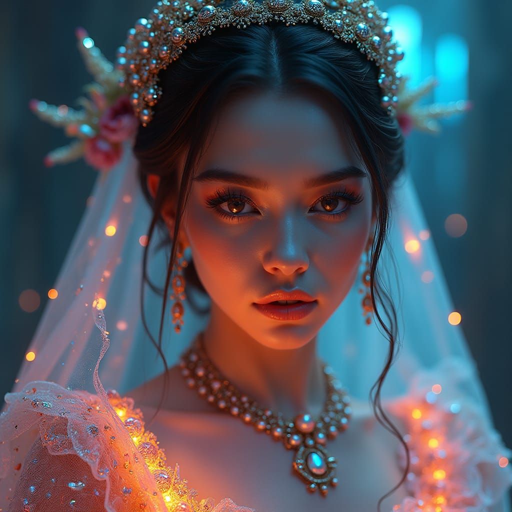 Ethereal Woman in Holographic Wedding Dress