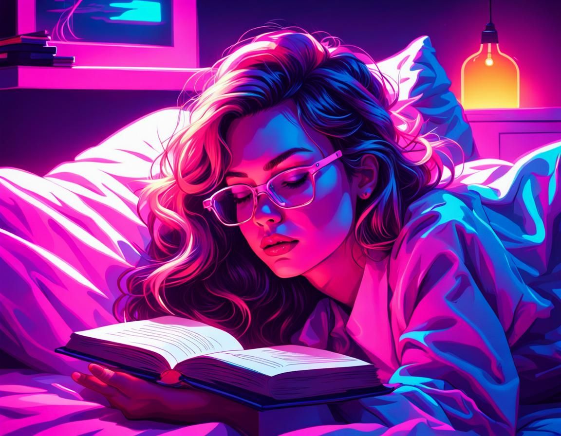 Girl Reading in Bed at Night in Synthwave Style