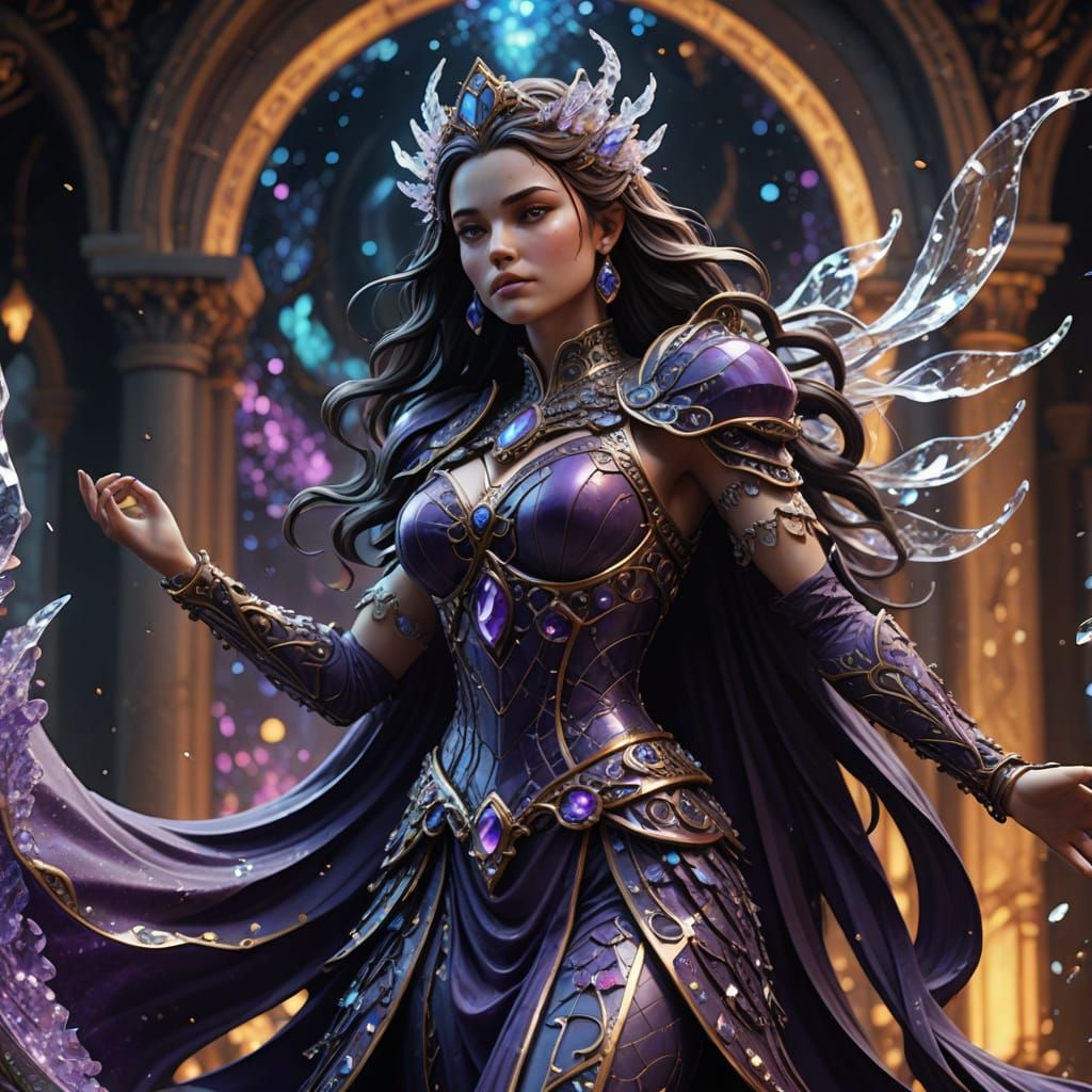 Crystal Woman Statue Dancing in Amethyst and Quartz