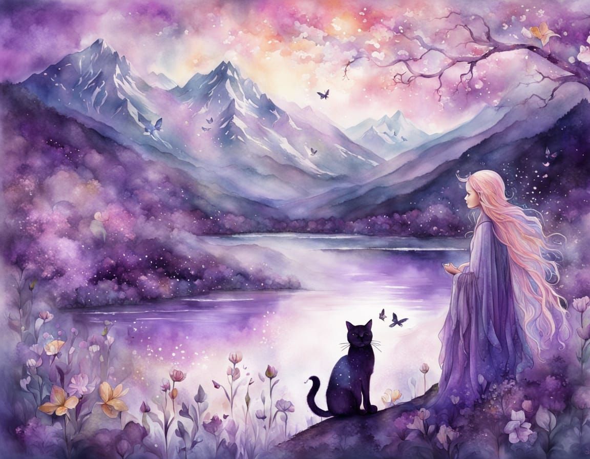 Watercolor Fairy and Cat in Dreamy Landscape