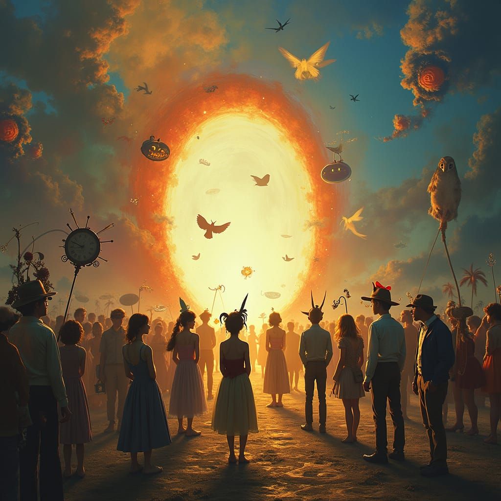 Whimsical Gathering in a Dreamlike Landscape