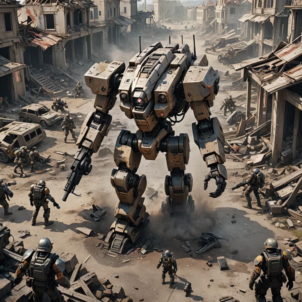 Damaged Battle-Mech Emerges from Destroyed Town