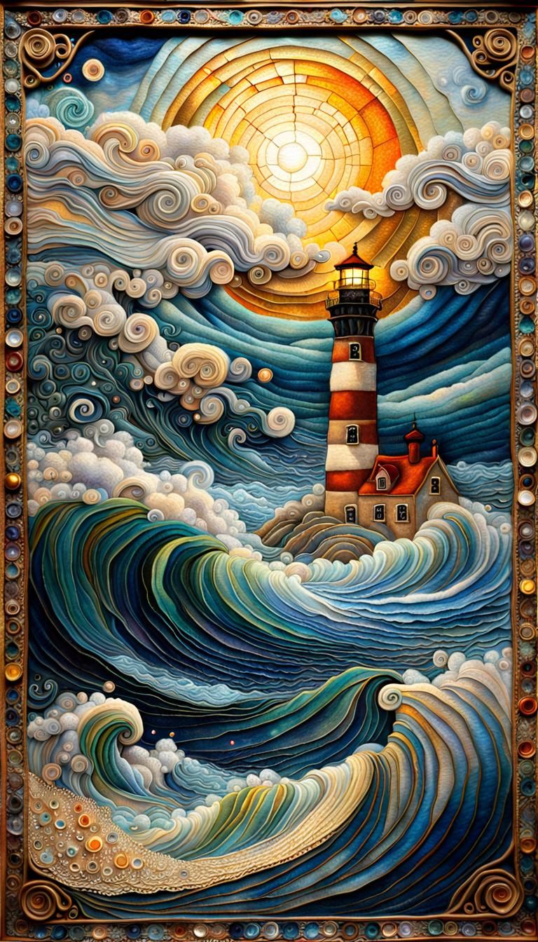 Glittery Lighthouse Seascape in Dreamlike Style
