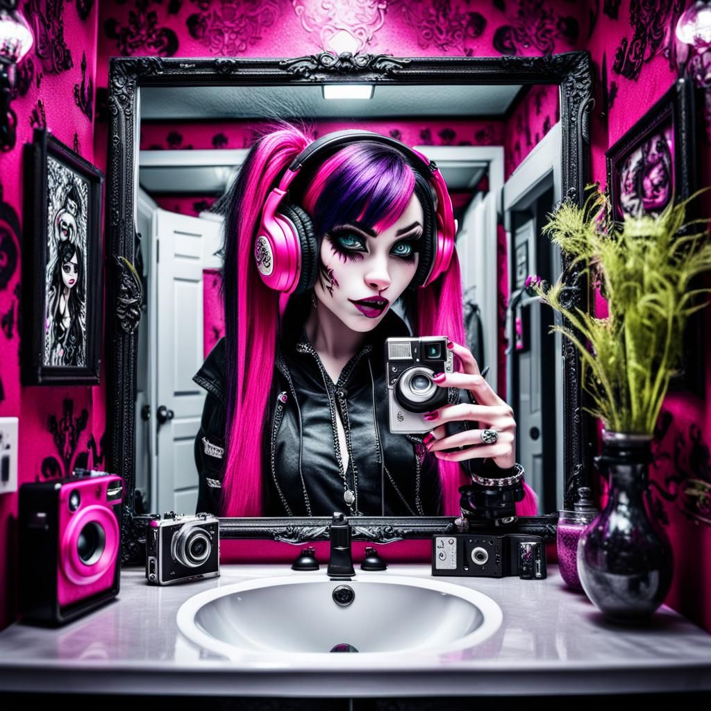 emo monster high draculaura wearing headphones grunge bathroom mirror selfie holding digital camera