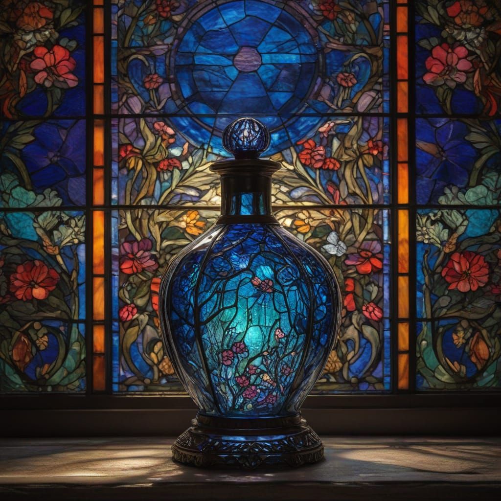 A stained glass window with rich, layered colors of blues, p...