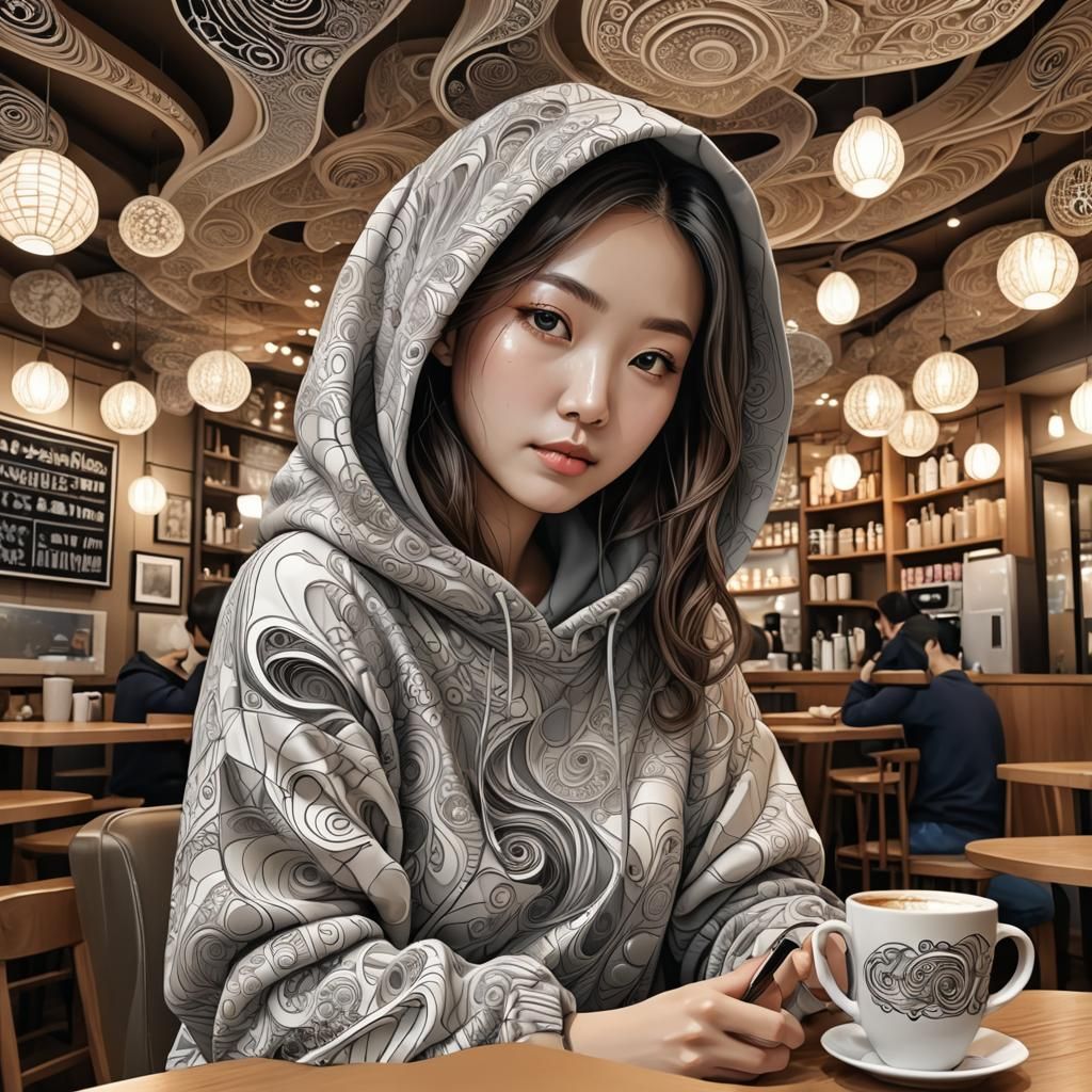 Korean Girl in Hoodie Relaxing, Abstract Vector Art