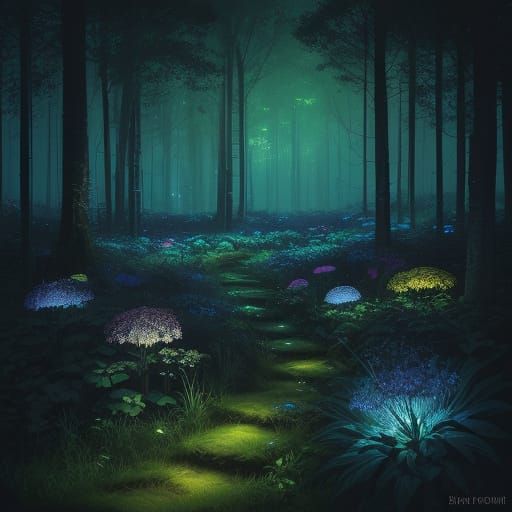 Magical Forest Glade Lit by Fireflies Concept Art