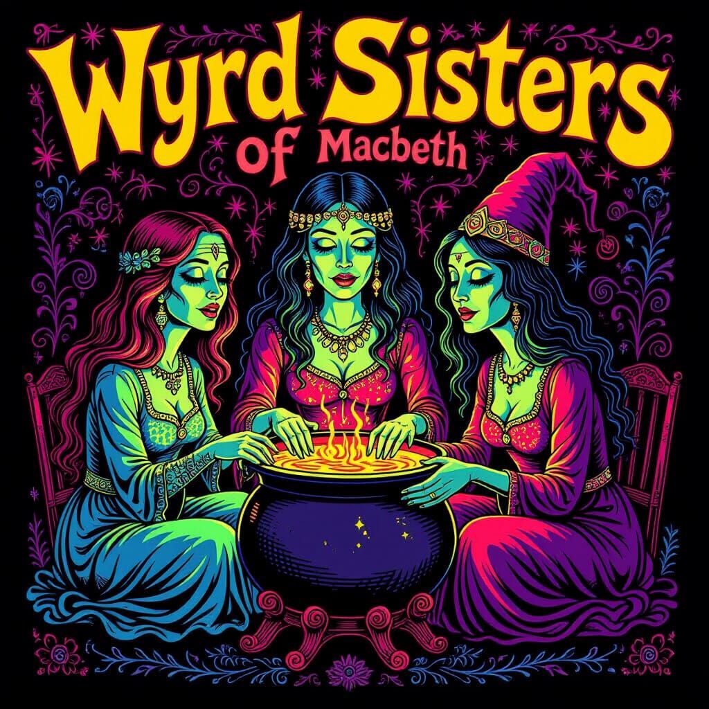 Macbeth's Wyrd Sisters in Dayglo Psychedelic Art