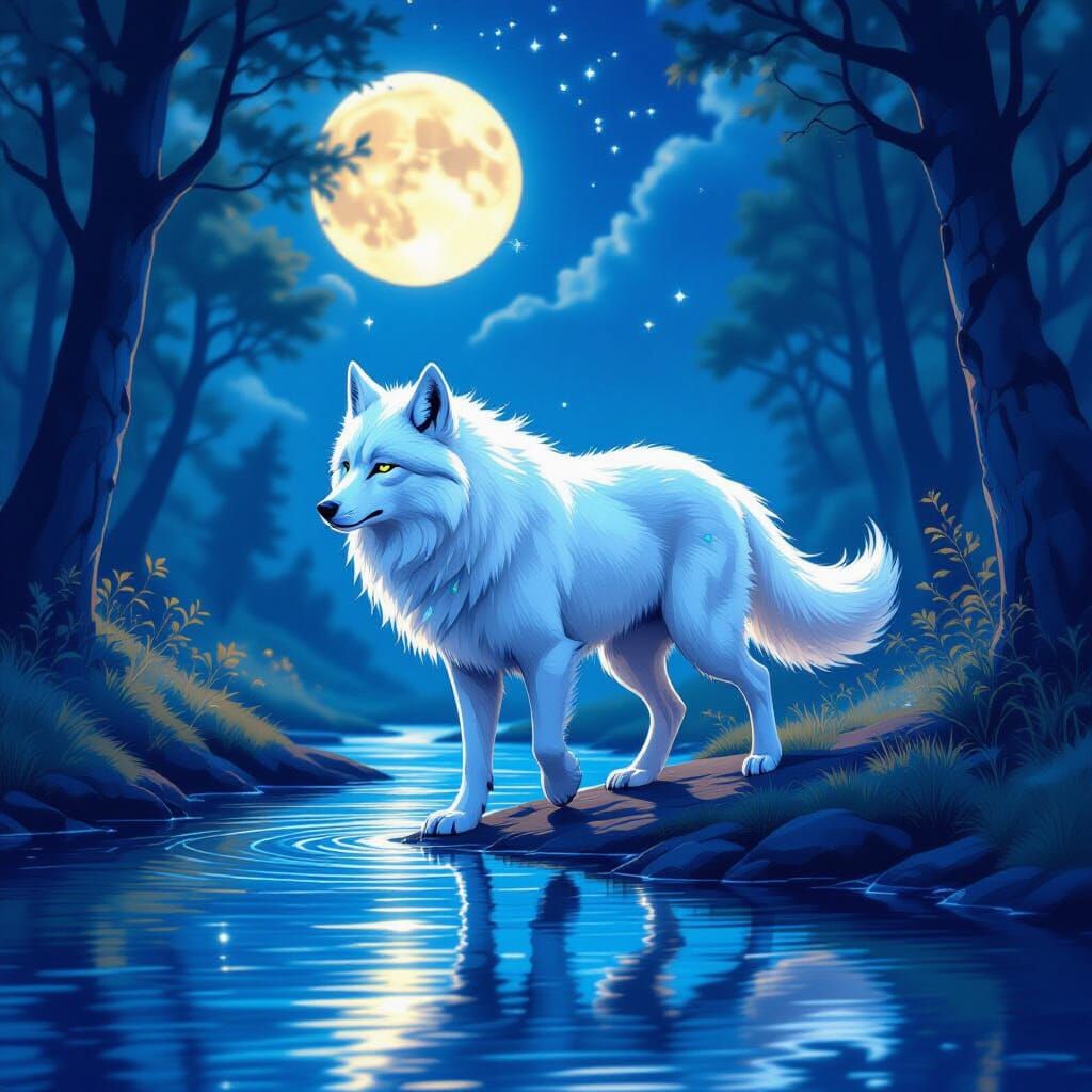 Iridescent Spirit Wolf in Enchanted Lunar Landscape