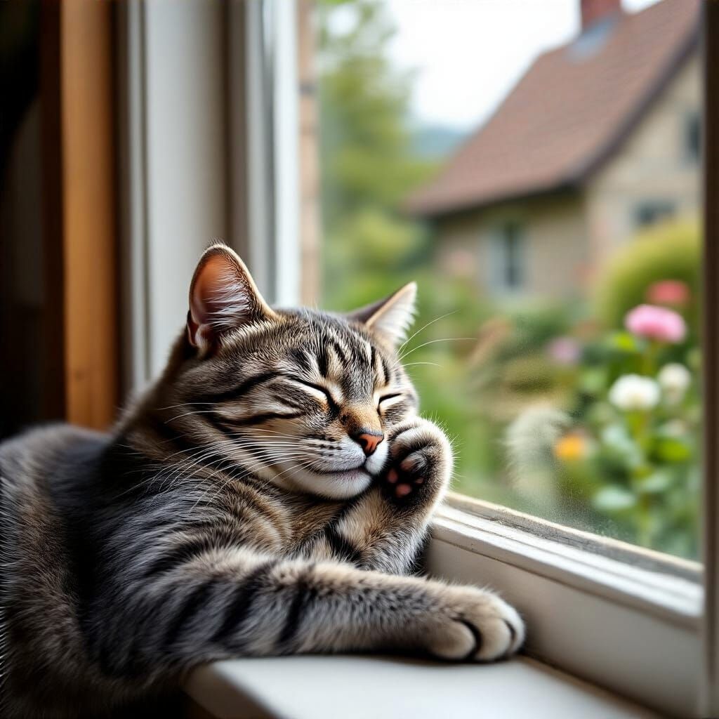 Grey Tabby Cat Sleeps in Sunny Cottage Garden