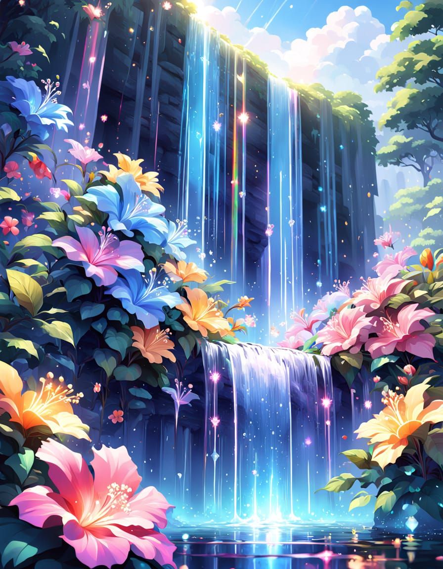 Rainbow Hibiscus Flowers by Crystal Waterfall