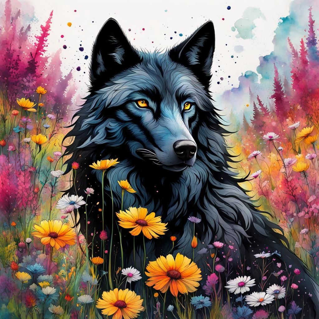 Black Wolf in Flower Meadow Watercolor Painting